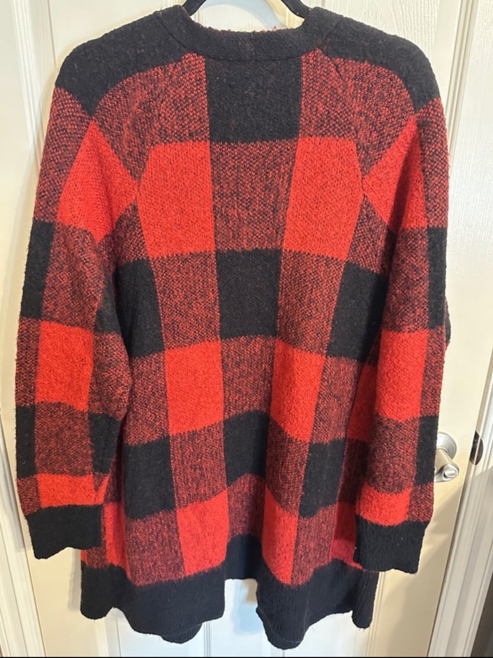 Lucky Brand Open Front Buffalo Plaid Relaxed Cardigan Sweater, Red & Black, XL - Picture 7 of 9